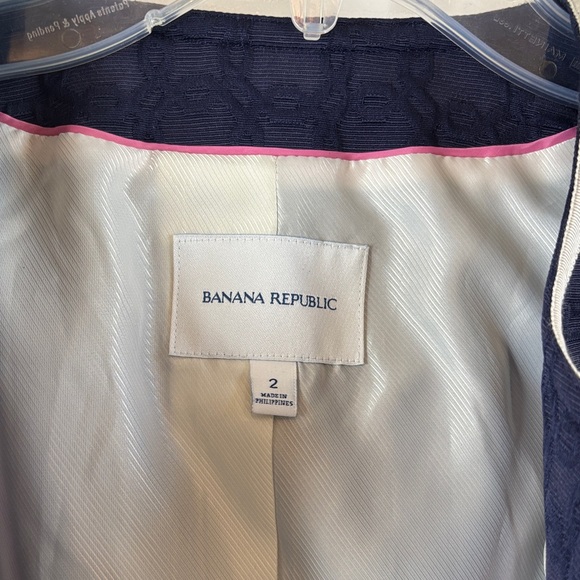 Banana Republic Navy Textured with Ivory Ribbon Trim Jacket Zip Closure EUC sz 2 - Picture 2 of 9